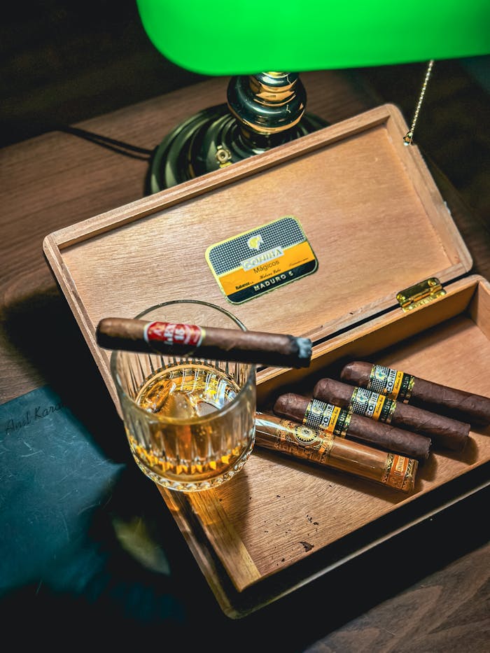 services-01 Elegant still life of a cigar on whiskey glass, open box, and vintage lamp